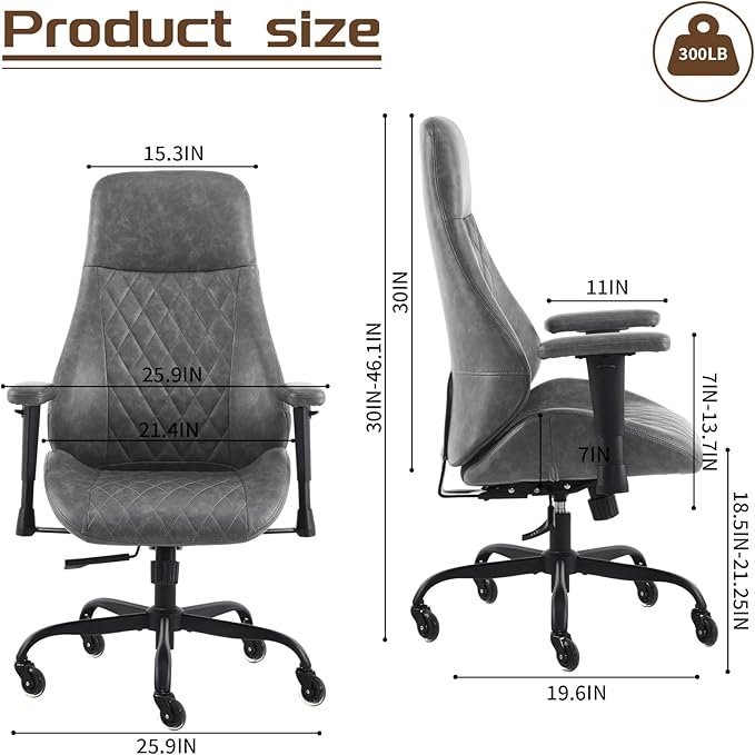 YFO Home Office Desk Chair High Back Office Rubber Chair Casters Ergonomic Computer Chair with Lumbar Support Adjustable Height Rolling Swivel Chair Executive Task Armrests, Grey Leather