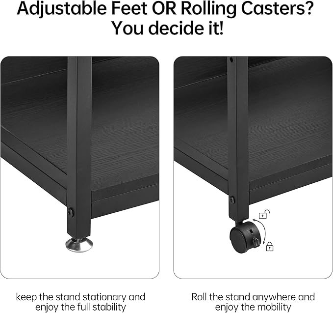 Printer Stand with Adjustable Shelf, 4 Tier Large Tall Printer Table with Wheels for Home Office Storage and Organization, Rolling Stand Cart for Computer Tower CPU Shredder, Black