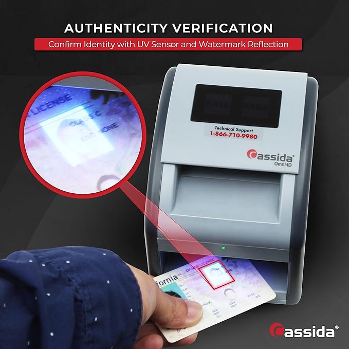 Cassida Omni-ID 2-in-1 Currency Counterfeit Detector with UV Identification Verification Lights – Bill Checker with Infrared, Magnetic and Ultraviolet Sensors - Easy to Read PASS/FAIL Display