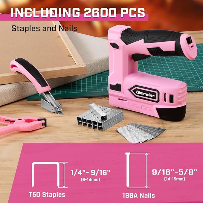 Bielmeier Pink Cordless Staple Gun, 2-in-1 Nail Gun Battery Powered with 2650Pcs Staples and Nails, 4V Brad Nailer Tacker Electric Stapler for Upholstery, Material Repair, Carpentry, Wood, DIY