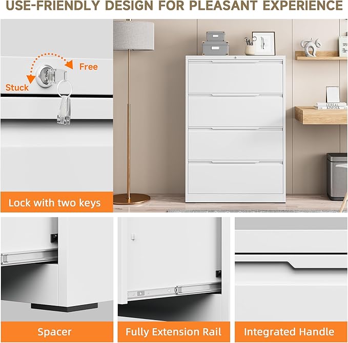 File Cabinet, 4 Drawer Metal File Cabinet with Lock, Lateral File Cabinet for Home and Office, Lateral File Cabinet for A4 Legal/Letter Size, Assembly Required (White, 4 Drawer)