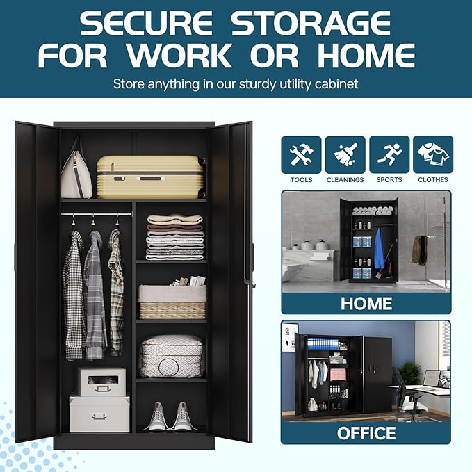 MIIIKO Steel Cabinet Wardrobe, Metal Locker Cabinet with Hanging Rod, Metal Clothing Locker Storage for Home, Office, Garage and Changing Room