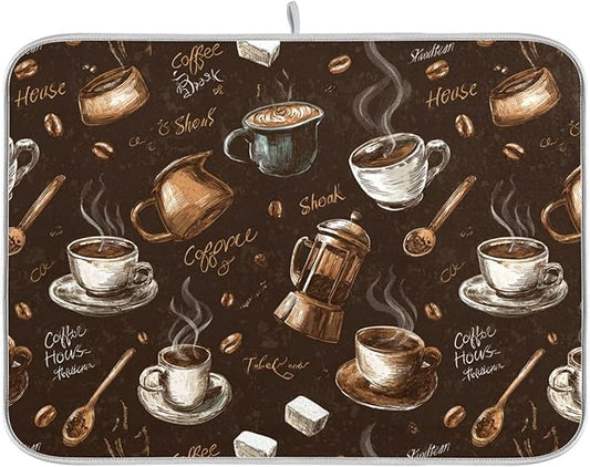 Coffee Beans Dish Drying Mat for Kitchen Counter 16 x 18 Inch Absorbent Microfiber Dry Dishes Mats Drainer Mat Dish Drying Pad for Countertops