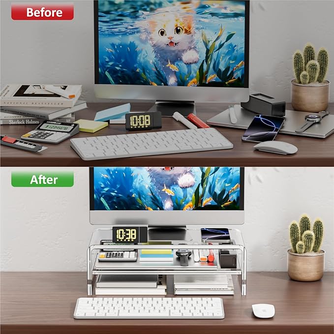 Acrylic Monitor Stand, 2 Tiers Clear Monitor Riser Computer Stand for Office, Home, Office, 5.12 Inches Hight PC Desk Stand for Keyboard Storage, Premium Platform for Laptop Printer TV Screen