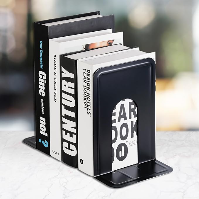 MaxGear 8.5 in Extra Large Heavy Duty Metal Book Ends, Classic Black Premium Bookends for Shelves, Non-Skid Bookend, Book Stopper for Books/Movies/CDs/Games, 8.5 x 5.9 x 7.8 in,3 Pairs