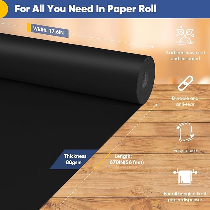 Vanhench Black Art & Construction Paper 17.6"×670", Black Kraft Paper Roll for Gifts Crafts Bouquet Flower Wrapping, Moving Supplies, Poster Bulletin Board Paper