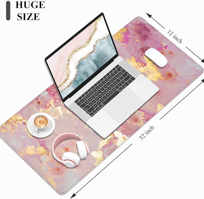 Desk Mat, 32" x 12" XXL Extended Large Gaming Mouse Pad, Desktop Decor Desk Pad, Cute Men Women Office Supplies and Accessories, XL Mouse Mat for Laptop & Keyboard, Pink Gold Marble