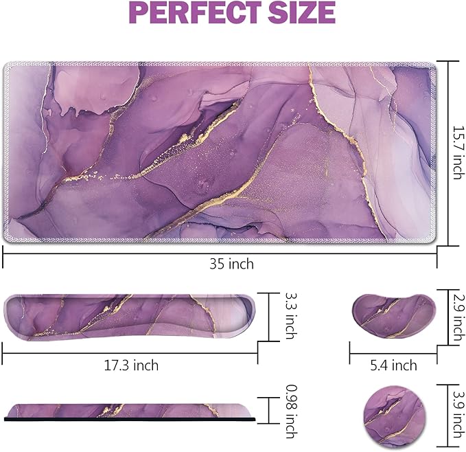 AIMSA Large Gaming Mouse Pad Set, Keyboard Wrist Rest Support Mouse Pad, Ergonomic Memory Foam Multifunctional Extended Desk Mat 35x15.7in Anti-Slip Rubber Base for Office Home, Purple Marble