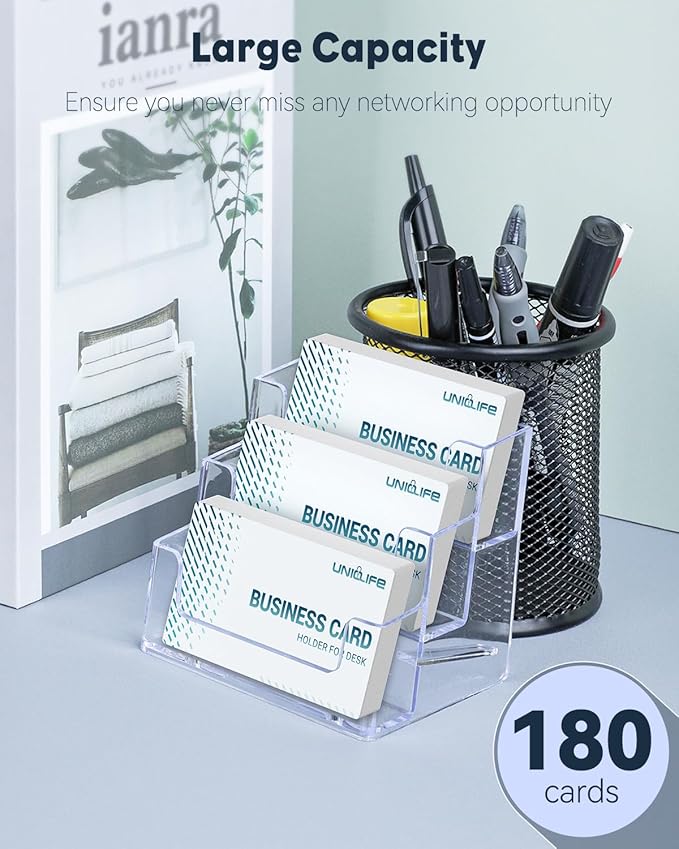 Uniclife 4 Pack Acrylic Business Card Holder for Desk 3 Slots Clear Business Card Display Stand for Men & Women Desktop Business Card Organizer Card Stand for Office Home Exhibition, 180 Card Capacity