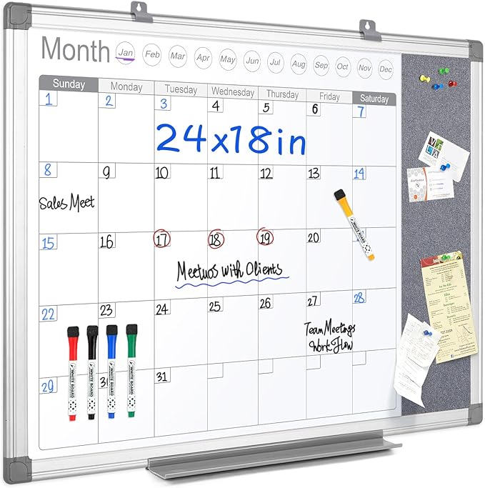 MAKELLO Dry Erase Calendar for Wall 24x18 in, Whiteboard Calendar and Grey Felt Board Combo for Office Home School