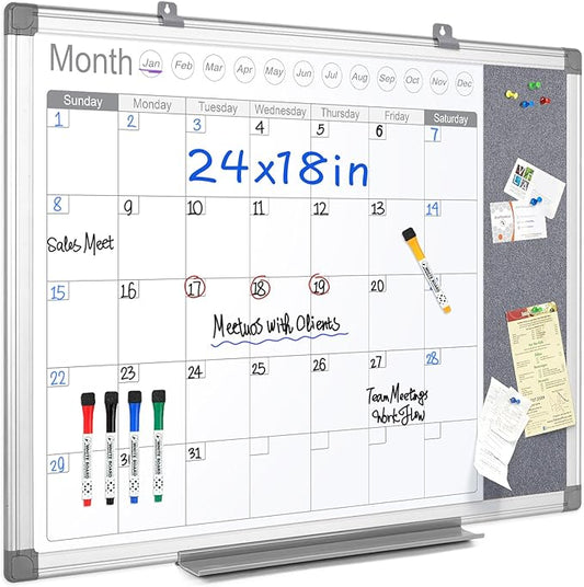 MAKELLO Dry Erase Calendar for Wall 24x18 in, Whiteboard Calendar and Grey Felt Board Combo for Office Home School