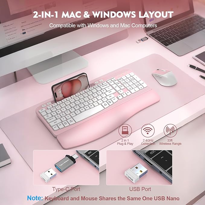 Wireless Keyboard and Mouse Combo, Wave Keys Full-Sized Ergonomic Keyboard with Cushioned Plam Rest, Phone Holder, Comfortable Natural Typing, 2.4G Cordless Set for Computer, Laptop, PC, Mac, Windows