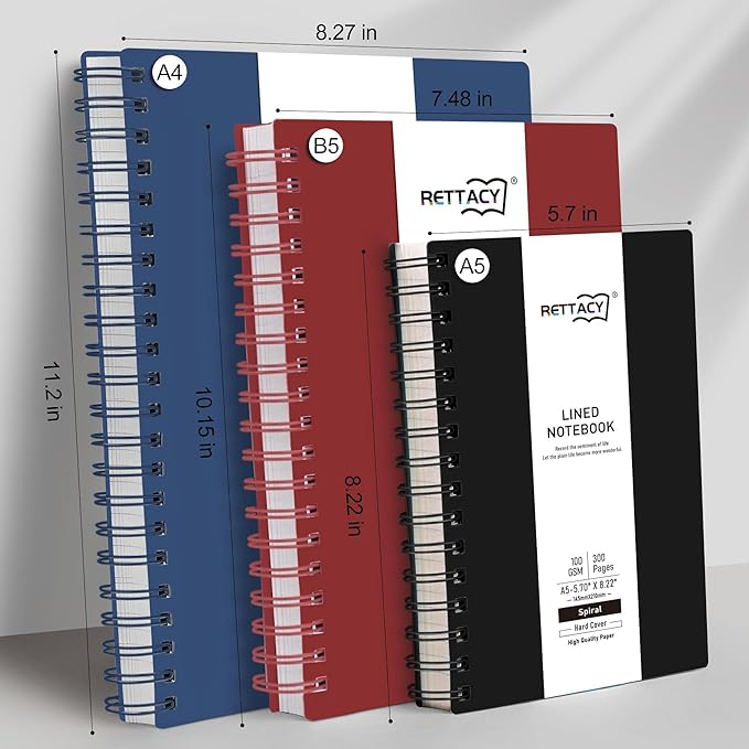 RETTACY Spiral College Ruled Notebook, 300 Pages, B5 Medium Size (7.4" x 10"), for School, Work, Writing, Journaling, 100 GSM Thick Paper, Flexible Plastic Cover (Black)