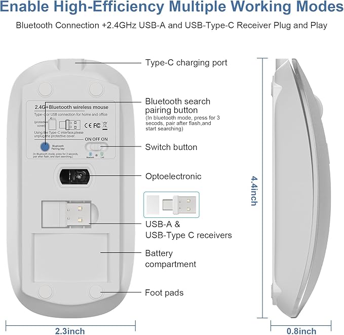 Mouse for Laptop Wireless Bluetooth - MacBook Air Mac Pro PC iPad Optical Rechargeable Silent Mouse with Jiggler Dual Mode Switch Bluetooth 5.2/3.0 and 2.4GHz USB-A and Type-C Receiver Gray