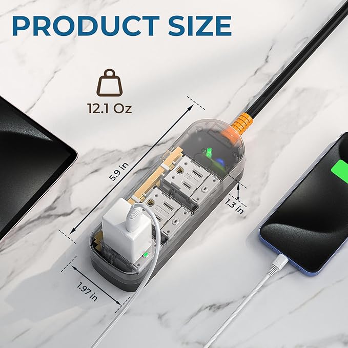 Surge Protector Power Strip,1625W/13A,5Ft Extension Cord with 3 Outlets,Waterproof Class 6 Heavy Duty Extension Cord for Indoor Outdoor,UL FCC IPX6 Listed (Transparent, 5FT)