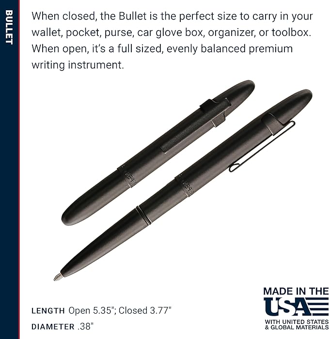 Fisher Space Pen Bullet Pen, Ballpoint, Black Ink, Matte Black, Pocket Clip, Gift Box, Made in the USA