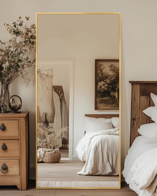 Antok Full Length Mirror, 58"x21" Floor Mirror, Floor Standing Freestanding Full Body Mirror with Stand for Bedroom, Hanging Mounted for Living Room Cloakroom, Gold