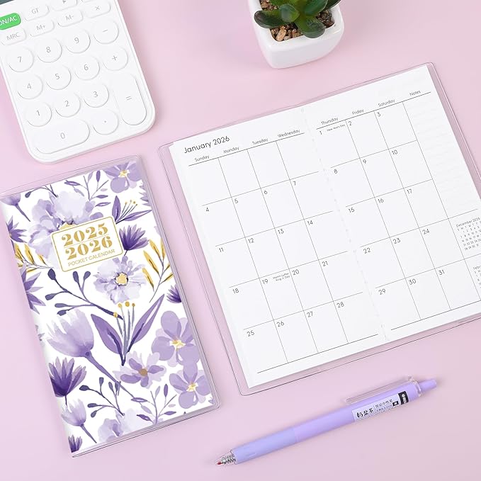 Pocket Calendar 2026-2027, Purple 2026-2027 Monthly Planner - 3.7" x 6.7" - Runs from July 2025 Until December 2027, Small Pocket Calendar 2026 with PVC Cover for Planning