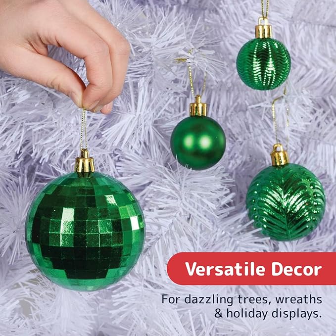 Prextex 36-Pieces Green Christmas Ornaments Set - Shatterproof, Festive Christmas Tree Balls Decorations in 3 Sizes and 6 Styles with Hanging Loops for Tree, Wreath, and Dazzling Holiday Party Decor