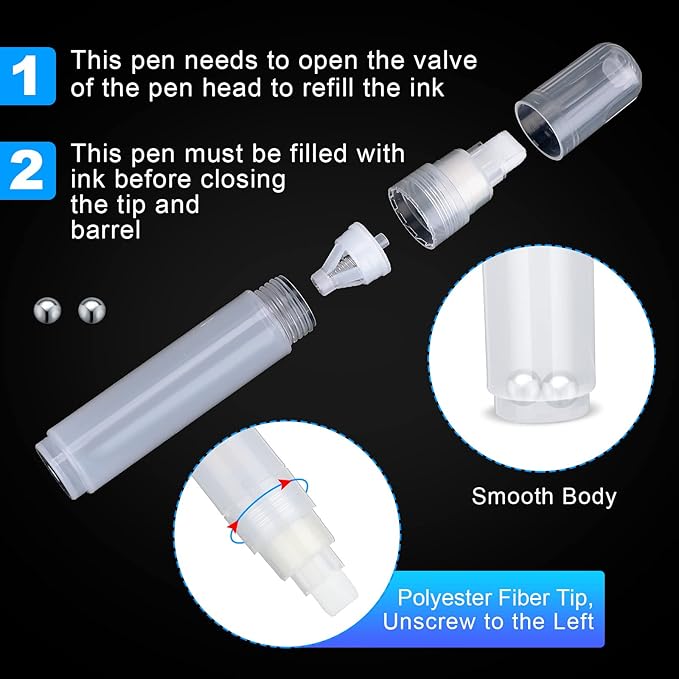 Sabary 10 Pcs Refillable Paint Markers 10 mm Empty Acrylic Markers Blank Flat Head Graffiti White Fillable Paint Pen with 5 Pcs 3 ml Dropper for Oil Water Ink Art Painting Craft Kit