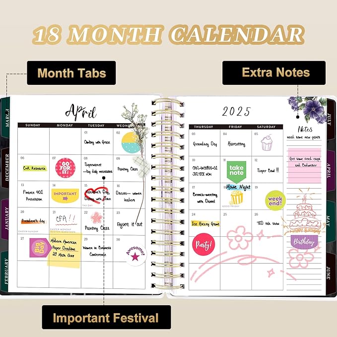 Planner 2025-2026, 18 Months Large Academic Daily Weekly Monthly Planner Organizer, July. 2025 - Dec. 2026, 8.5x9.8" Agenda with Page Tabs, Separator Page, Pocket Folder, Bookmark, Stickers & Sticky Note Set