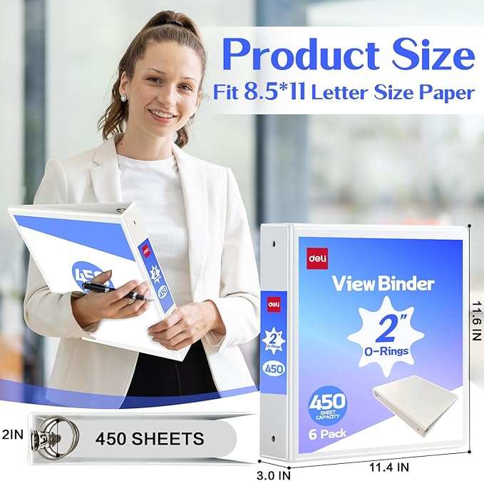 Deli 2-inch 3 Ring Binder with 2 Interior Pockets, 450 Sheets Capacity, 2 inch Binders fits 11" x 8.5" US Letter Size, White, 6 Pack