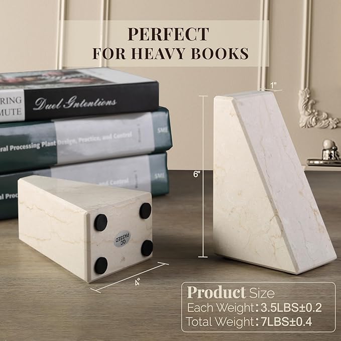 Koville Marble Bookends for Shelves, Large Bookends for Heavy Books, Non-Slip Heavy Duty Book Stopper for CD/Movies, Aesthetic Decorative Bookends for Shelves Table Home Decor(Beige)