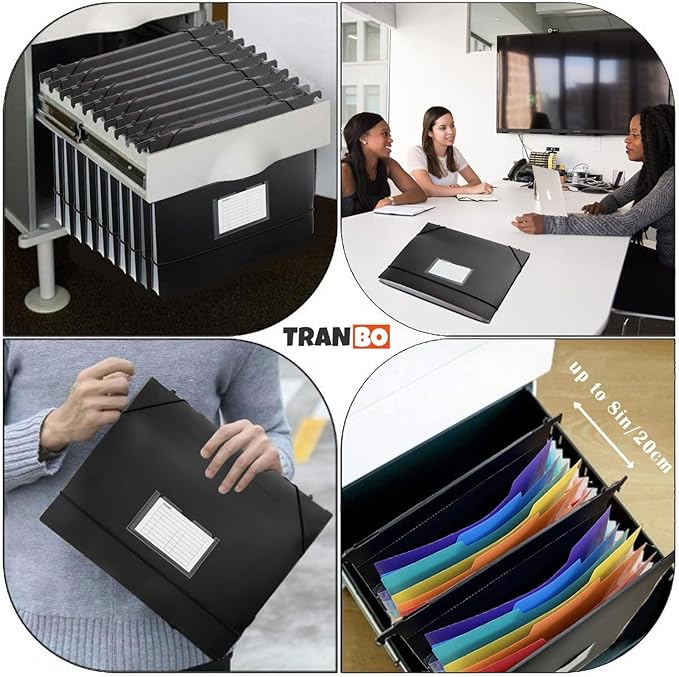 TRANBO 7-Pockets Hanging File Folder with Retractable Hooks for Filing Cabinet, Letter Size Expandable Accordion File Organizer with Elastic Band for File Frame or On-The-Go Use (1 Pack)