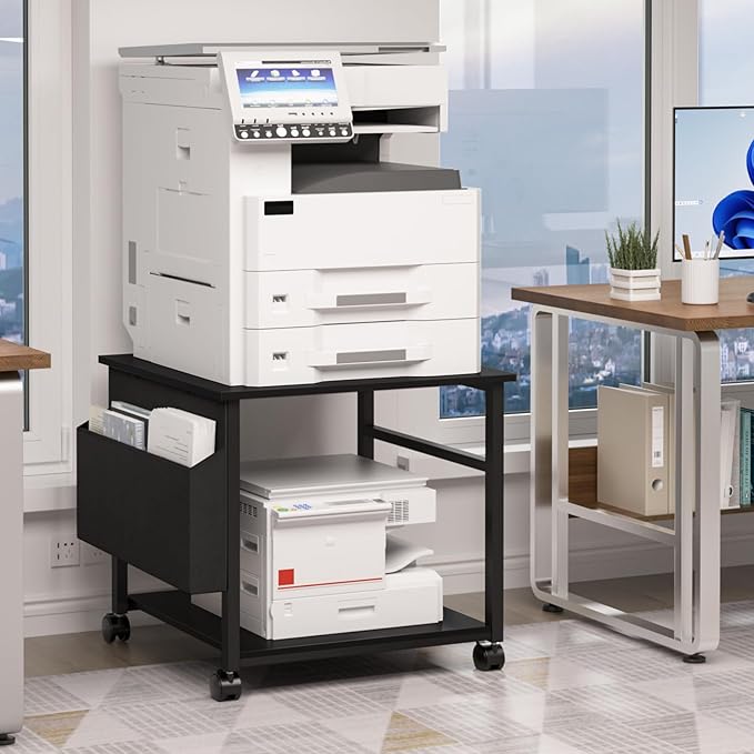 Lerliuo Large Printer Stand with Storage Shelf, 23.6 x 23.6 x 22.8 Industrial Printer Table for Home Office, Rolling Printer Cart Holder with Lockable Wheels, Mobile Mini Fridge Stand Table (Black)