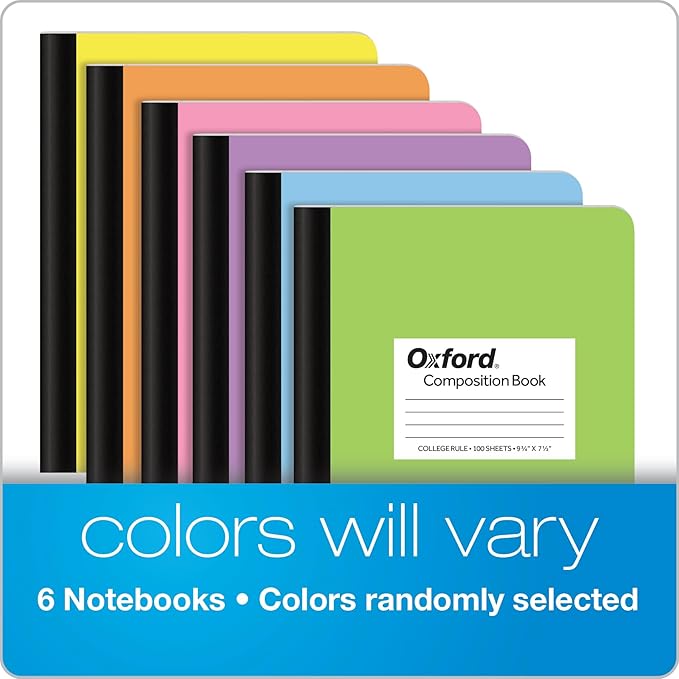 Oxford Composition Notebooks, 6 Pack, Cover Colors Vary, College Ruled Paper, 9-3/4 x 7-1/2 Inch School Journals, Assorted Pastel Covers, 100 Sheets, per Book (63760)