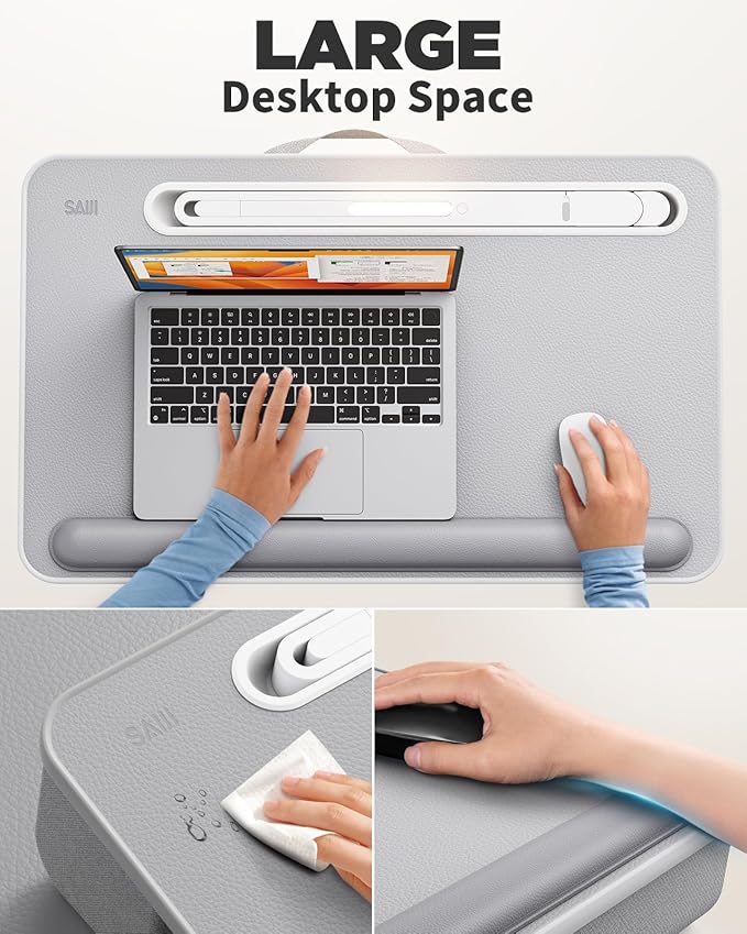 SAIJI Lap Desk with LED Light, Portable Laptop Tray with Cushion - Fits Up to 17" Laptops & MacBook, Lap Table for Bed & Couch, Lap Desks for Writing and Reading