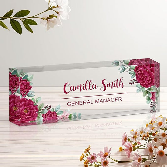 Ship Next Day Personalized Name Plate for Desk, Custom Acrylic Desk Name Sign, Office Appreciation Gifts for Women Men Coworkers Boss Teacher Employee (Flower-Rose)