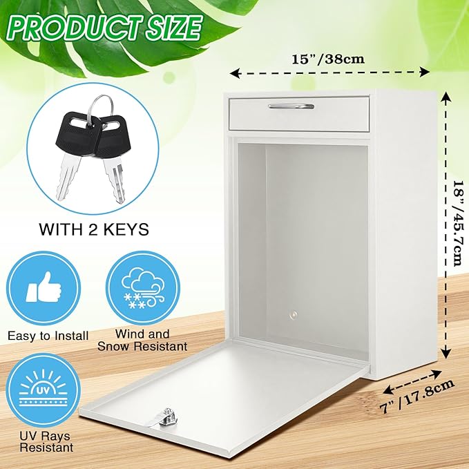 Locking Mailbox with Key for Outdoor 18 x 15 x 7 Inches Large Wall Mount Mail Box with Lock Security Mail Drop Metal Collection Boxes Hanging Secure Postbox(Creamy White)