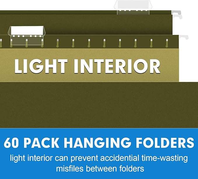 Hanging File Folders, RAZCC 60 Pack Reinforced Hanging Folders Letter Size, Designed for Bulky Files, Filing Cabinet, Adjustable Tabs, Green