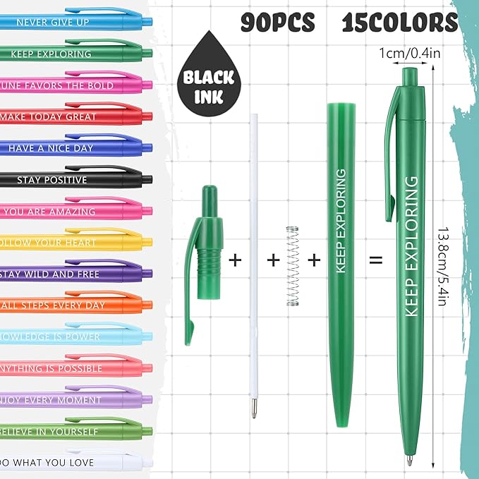 90 Pcs Ballpoint Motivational Pen Inspirational Quotes Black Ballpoint Gel Ink Pens Bulk for Coworkers Retractable Rolling Ball Ballpoint Pens for Party Favors Back to School Gifts Supplie