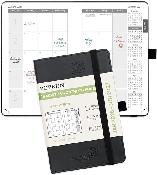 POPRUN Pocket Monthly Planner 2026-2027 (Pocket- 4''x 6.25'' Soft Leather Cover) - 18 Month Calendar Book for Purse (Jan.2026 - Jun. 2027), 100 GSM Thick Paper - Black