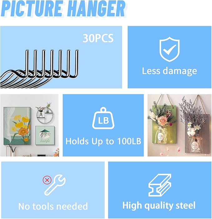 30pcs Black Super Hook Picture Hangers and Office Pack, Drywall Hooks for Hanging Pictures, Wall Hooks, Picture Hangers, Picture Hanging Kit，Hang Art, Clock, Shelves, Mirrors