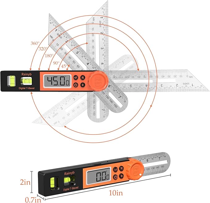 Digital Angle Finder Protractor 0-360 Degree T-Bevel Gauge & Protractor with Horizontal Vertical Bubble & Full LCD Display for Woodworking, Metalworking, Construction（7-Inch X 2Pcs）