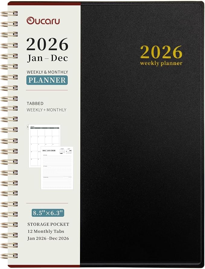 Oucaru 2026 Planner, Weekly and Monthly Planning Calendar, Jan 2026 - Dec 2026, 6.3" x 8.5", Spiral Bound, 12 Habit Trackers & Monthly Tabs, 2 Storage Pockets, Perfect for Office Home School Supplies
