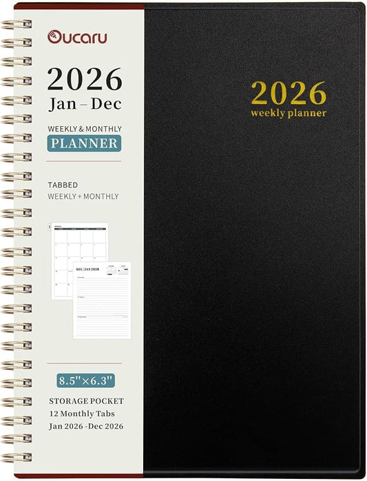 Oucaru 2026 Planner, Weekly and Monthly Planning Calendar, Jan 2026 - Dec 2026, 6.3" x 8.5", Spiral Bound, 12 Habit Trackers & Monthly Tabs, 2 Storage Pockets, Perfect for Office Home School Supplies