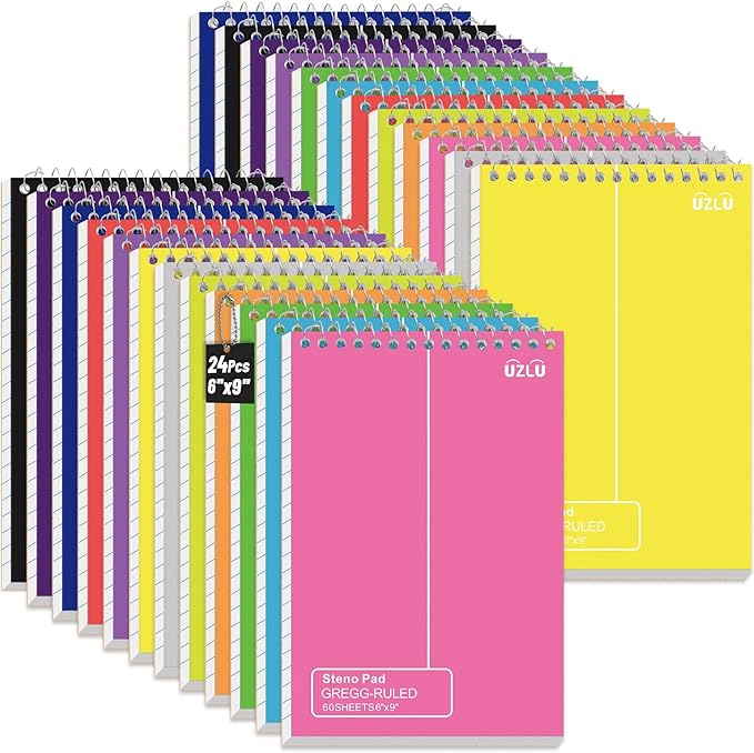 24 Pack Steno Pads 6 x 9 in Spiral Top Notebook Bulk 12 Assorted Color Note Pad 60 Sheets Gregg Rule Writing Paper Steno Notebooks for Students Teachers Men Women Professionals Office School Recording
