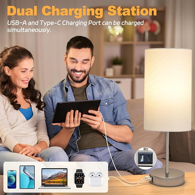 AKASUKI 18Inch Table Lamp with Dual Charging Station, 3 Way Dimmable Touch Lamp for Bedroom, Living Room, Office(LED Bulb Included)