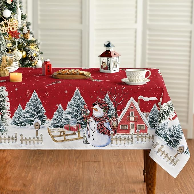 Horaldaily Christmas Tablecloth 60×60 Inch Square, Winter Snowman House Christmas Trees Red Washable Table Cover for Party Picnic Dinner Decor