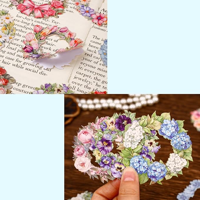 48 Pieces Vintage Garland Hard Card Scrapbook Stickers, 6 Pack Aesthetic Background Flower Frames Decorative Stickers for Scrapbooking Planner Junk Journal Supplies Collage