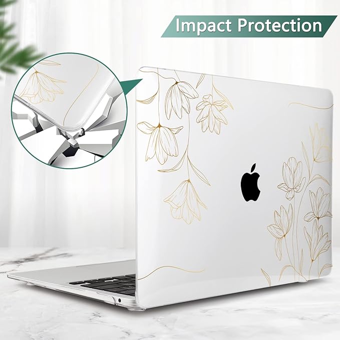 TWOLSKOO Compatible with MacBook Pro 13 inch Case 2022 2021 2020-2016 A2338 M2/M1 A2251 A2289 A2159 A1989 A1706, Plastic Hard Shell Cover & Keyboard Skin & Screen Protector, Gold Florals