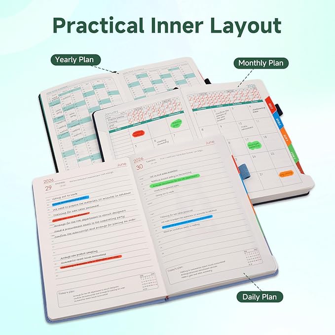 Picoway 2026 Planner A5 400 Pages - Weekly and Monthly Daily Calendar with Thick Paper, One Full Page Per Day Planners from Jan. 2026 - Dec. 2026, Hardcover Notebook ，8.3" x 5.7" (Dark Green)