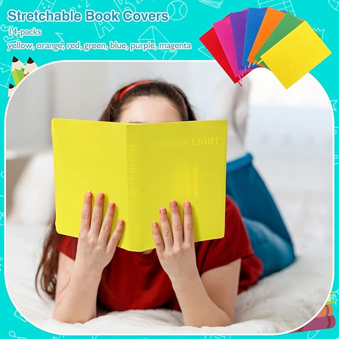 Sherr 14 Pack Stretchable Book Covers Reusable Jumbo Bookcloth 9" x 11" Durable Washable Back to School Book Cover Protector for Most Hardcover Books Textbooks(Bright,Classic)