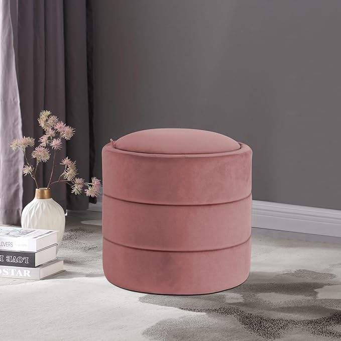 HomePop Storage Round Ottomanwith Removable Lid Home Décor|Upholstered Round Velvet Foot Rest Ottoman - Blush Pink Velvet