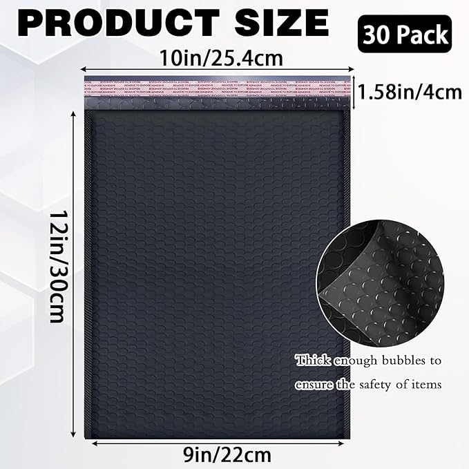 30 Pack 10x13 Inch Poly Bubble Mailers, Padded Envelopes with Self Seal Adhesive Strip, Waterproof Lightweight Mailing Shipping Bags for Thick Books Clothes Holiday Gifts Business Packaging