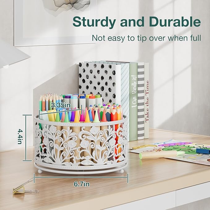 EKNITEY Rotating Mesh Desk Organizer - 4 Slots Cute Pen Pencil Holder Caddy for Office Art Supplies Home School Classroom White